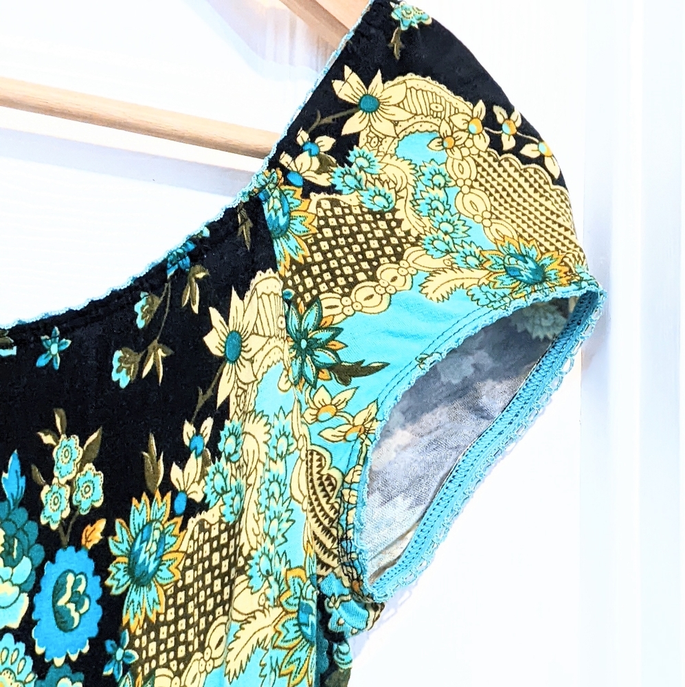 Vtg Rare Turquoise Floral Midi Milkmaid Dress. Cap Sleeves, S.